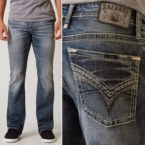 SALVAGE BUCKLE Men’s Havoc Slim Boot Stretch Jean Blue Mystery‎ 26R Whiskering